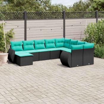 ARDEBO.de - 10-teiliges Gartensofa-Set mit Kissen, schwarzes Polyrattan