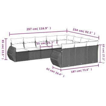 10-teiliges Gartensofa-Set mit Kissen, schwarzes Polyrattan