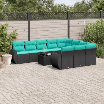 ARDEBO.de - 11-teiliges Gartensofa-Set mit Kissen, schwarzes Polyrattan