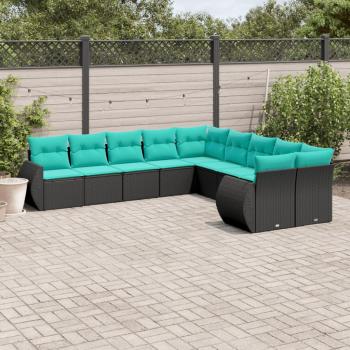 ARDEBO.de - 10-teiliges Gartensofa-Set mit Kissen, schwarzes Polyrattan