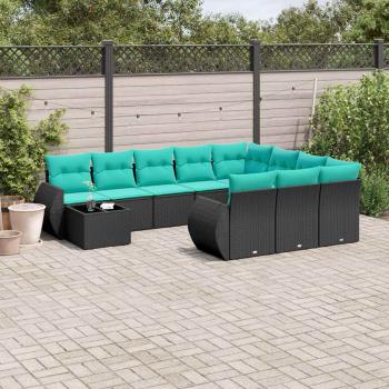 ARDEBO.de - 11-teiliges Gartensofa-Set mit Kissen, schwarzes Polyrattan