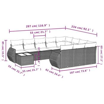 11-teiliges Gartensofa-Set mit Kissen, schwarzes Polyrattan