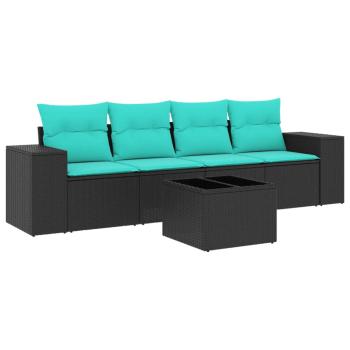 5-teiliges Gartensofa-Set mit Kissen, schwarzes Polyrattan