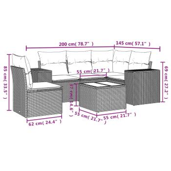 6-teiliges Gartensofa-Set mit Kissen, schwarzes Polyrattan