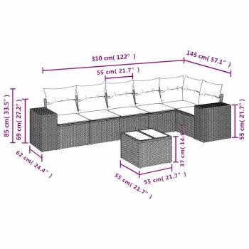 7-teiliges Gartensofa-Set mit Kissen, schwarzes Polyrattan