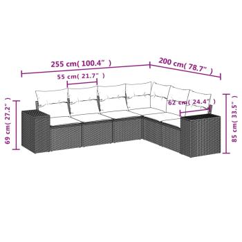6-teiliges Gartensofa-Set mit Kissen, schwarzes Polyrattan