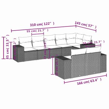 8-teiliges Gartensofa-Set mit Kissen, grau, Polyrattan
