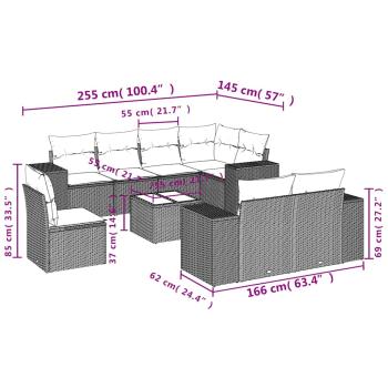 9-teiliges Gartensofa-Set mit Kissen, grau, Polyrattan