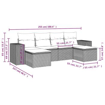 6-teiliges Gartensofa-Set mit Kissen, grau, Polyrattan