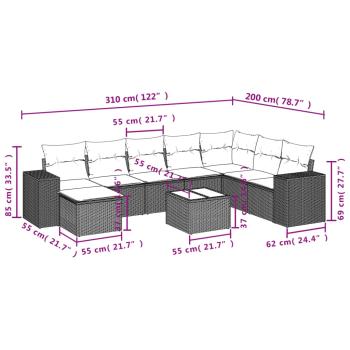 9-teiliges Gartensofa-Set mit Kissen, schwarzes Polyrattan
