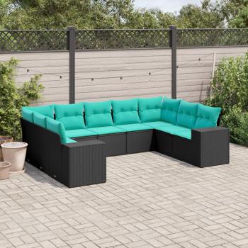 ARDEBO.de - 9-teiliges Gartensofa-Set mit Kissen, schwarzes Polyrattan
