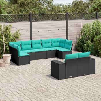 ARDEBO.de - 9-teiliges Gartensofa-Set mit Kissen, schwarzes Polyrattan