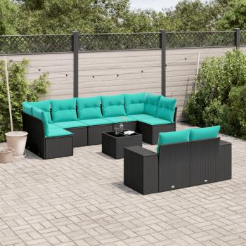 ARDEBO.de - 10-teiliges Gartensofa-Set mit Kissen, schwarzes Polyrattan