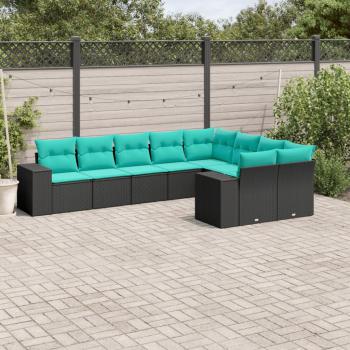 ARDEBO.de - 9-teiliges Gartensofa-Set mit Kissen, schwarzes Polyrattan