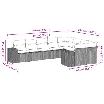 9-teiliges Gartensofa-Set mit Kissen, schwarzes Polyrattan