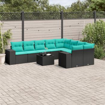 ARDEBO.de - 10-teiliges Gartensofa-Set mit Kissen, schwarzes Polyrattan