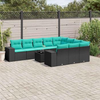 ARDEBO.de - 11-teiliges Gartensofa-Set mit Kissen, schwarzes Polyrattan