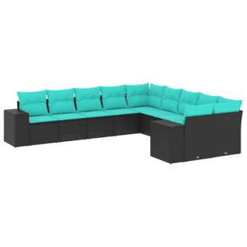 10-teiliges Gartensofa-Set mit Kissen, schwarzes Polyrattan
