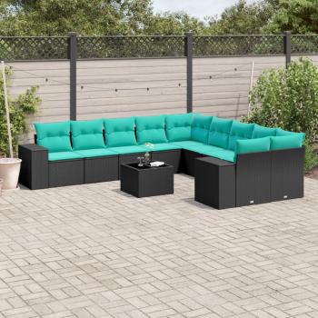 ARDEBO.de - 11-teiliges Gartensofa-Set mit Kissen, schwarzes Polyrattan