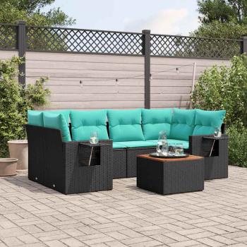 ARDEBO.de - 7-teiliges Gartensofa-Set mit Kissen, schwarzes Polyrattan