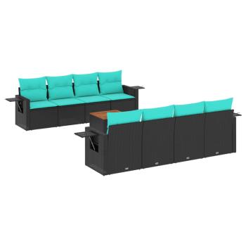 9-teiliges Gartensofa-Set mit Kissen, schwarzes Polyrattan