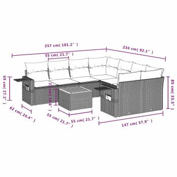 9-teiliges Gartensofa-Set mit Kissen, schwarzes Polyrattan