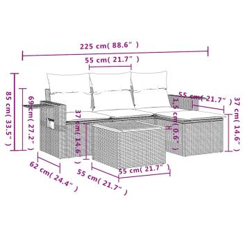 5-teiliges Gartensofa-Set mit Kissen, schwarzes Polyrattan