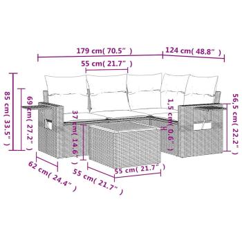 5-teiliges Gartensofa-Set mit Kissen, schwarzes Polyrattan