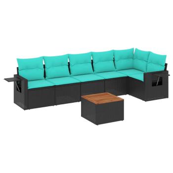 7-teiliges Gartensofa-Set mit Kissen, schwarzes Polyrattan