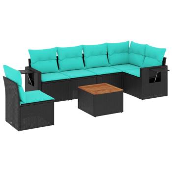 7-teiliges Gartensofa-Set mit Kissen, schwarzes Polyrattan