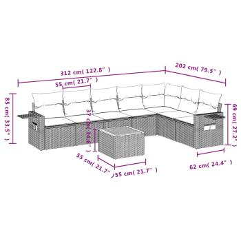 8-teiliges Gartensofa-Set mit Kissen, schwarzes Polyrattan