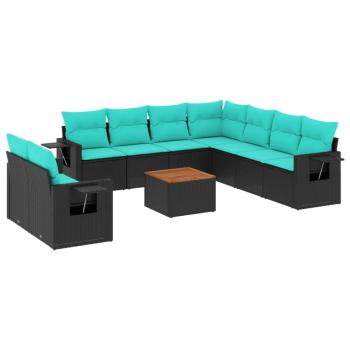 10-teiliges Gartensofa-Set mit Kissen, schwarzes Polyrattan