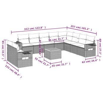 11-teiliges Gartensofa-Set mit Kissen, schwarzes Polyrattan