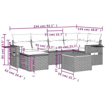 7-teiliges Gartensofa-Set mit Kissen, grau, Polyrattan