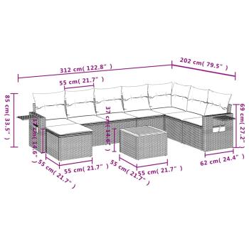 9-teiliges Gartensofa-Set mit Kissen, schwarzes Polyrattan