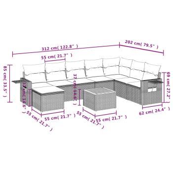9-teiliges Gartensofa-Set mit Kissen, grau, Polyrattan