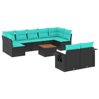 10-teiliges Gartensofa-Set mit Kissen, schwarzes Polyrattan