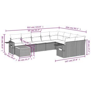 10-teiliges Gartensofa-Set mit Kissen, grau, Polyrattan