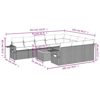 11-teiliges Gartensofa-Set mit Kissen, schwarzes Polyrattan