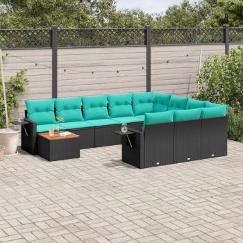 ARDEBO.de - 11-teiliges Gartensofa-Set mit Kissen, schwarzes Polyrattan