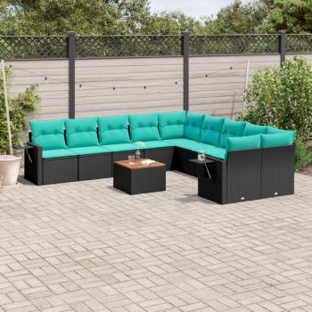 ARDEBO.de - 11-teiliges Gartensofa-Set mit Kissen, schwarzes Polyrattan