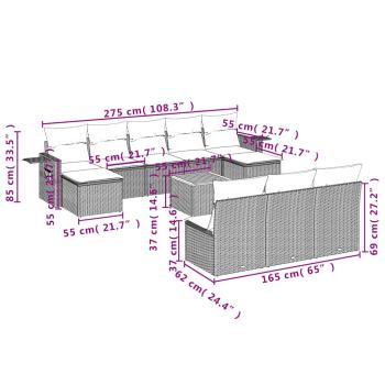 11-teiliges Gartensofa-Set mit Kissen, grau, Polyrattan