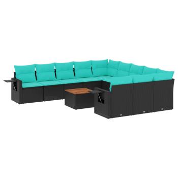 12-teiliges Gartensofa-Set mit Kissen, schwarzes Polyrattan