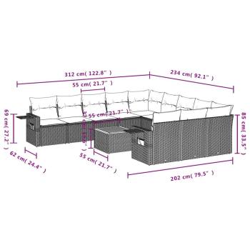 12-teiliges Gartensofa-Set mit Kissen, schwarzes Polyrattan