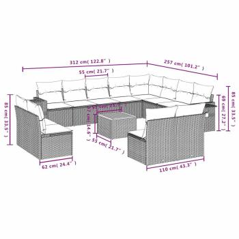 13-teiliges Gartensofa-Set mit Kissen, schwarzes Polyrattan