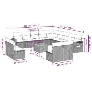 14-teiliges Gartensofa-Set mit Kissen, schwarzes Polyrattan