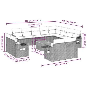 13-teiliges Gartensofa-Set mit Kissen, schwarzes Polyrattan