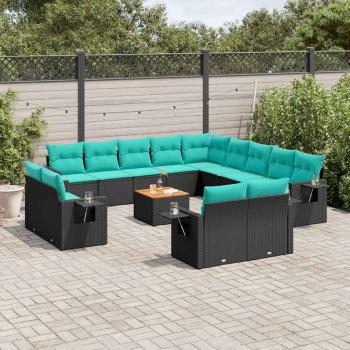ARDEBO.de - 14-teiliges Gartensofa-Set mit Kissen, schwarzes Polyrattan