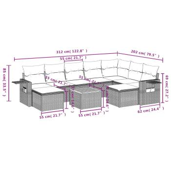 10-teiliges Gartensofa-Set mit Kissen, schwarzes Polyrattan