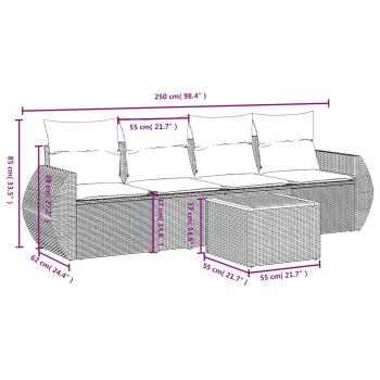 5-teiliges Gartensofa-Set mit Kissen, schwarzes Polyrattan